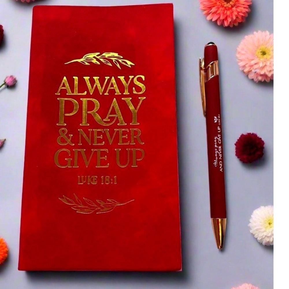 Inspirational Red Journal with Pen Always Pray Never Give Up Luke 18:1